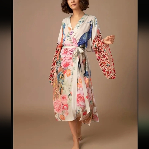 1 DAY SALE! Silky Soft Peacock Floral Kimono Cover-Up Open Robe Duster Wrap Pink - Picture 10 of 10